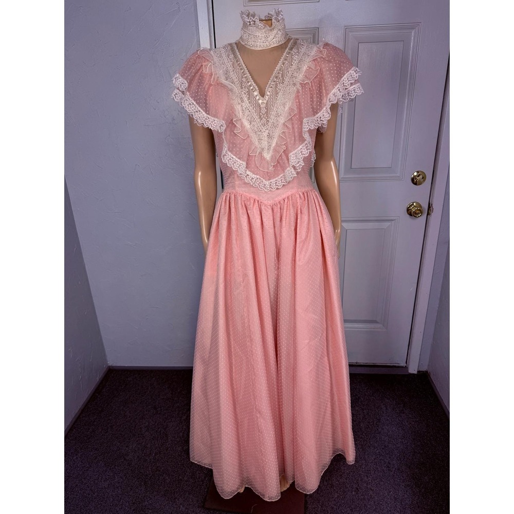 Vintage 80s 70s Gunne Sax Women Dress 9 Victorian Wedding Lace Formal Maxi F4-11